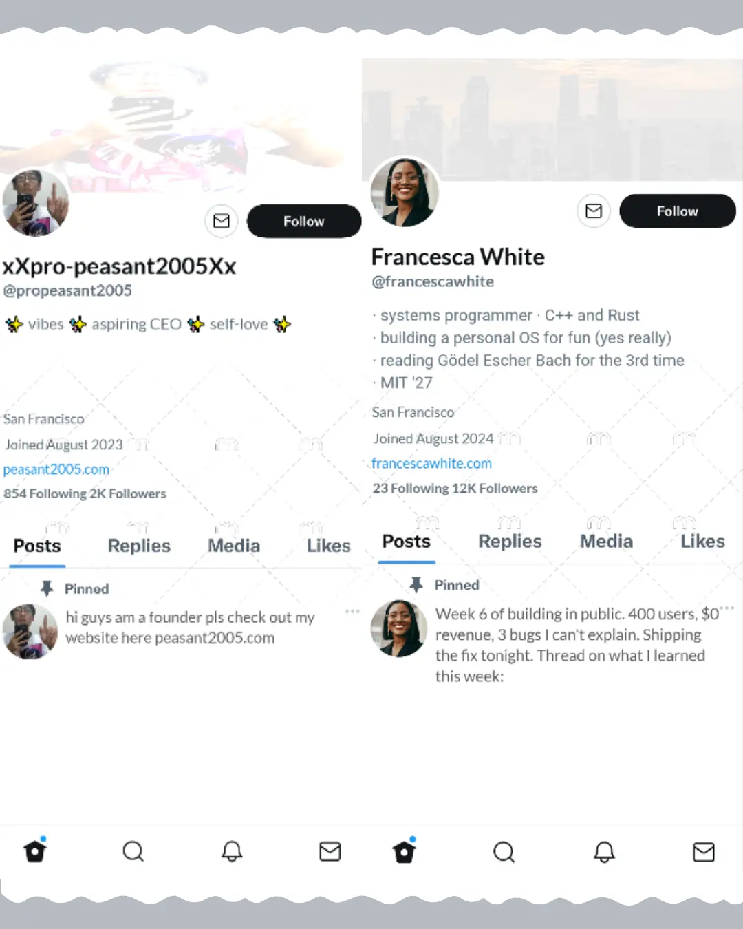 Comparison of two tech founder profiles on X demonstrating different personal branding and audience growth strategies.